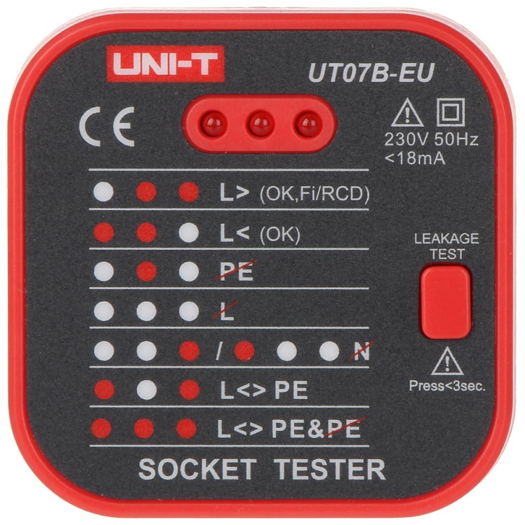 TESTER GNIAZD SIECIOWYCH Z FUNKCJĄ SPRAWDZANIA RCD UT-07B-EU UNI-T-1332650