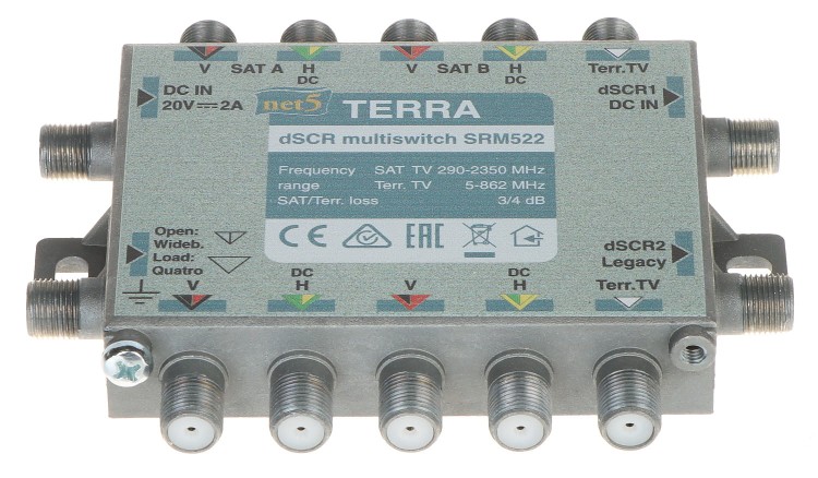 MULTISWITCH PRZELOTOWY UNICABLE I/II SRM-522 5 WEJŚĆ / 5  WYJŚĆ + 2 WYJŚCIA UNICABLE TERRA-1344932