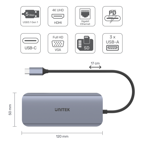 Unitek Hub USB-C 3xUSB 3.1 PD HDMI SD VGA RJ45-1450175