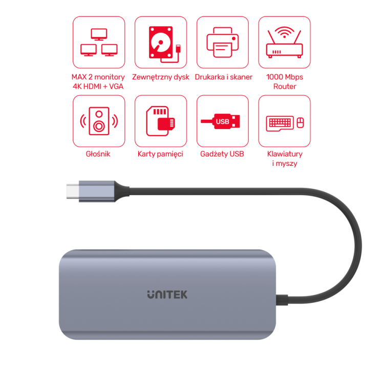 Unitek Hub USB-C 3xUSB 3.1 PD HDMI SD VGA RJ45-1632566