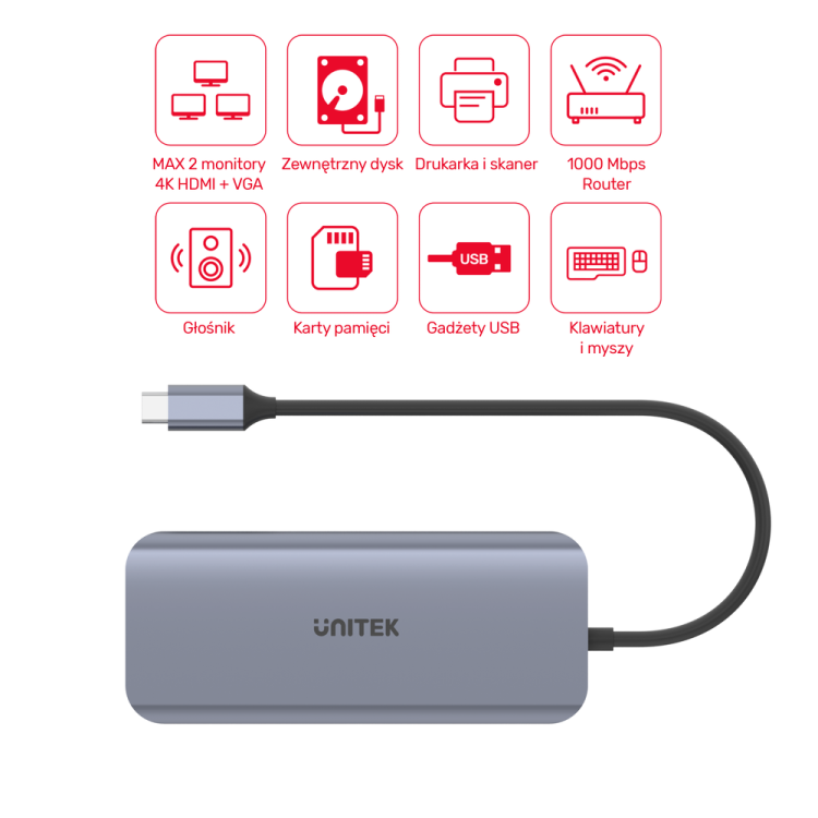 Unitek Hub USB-C 3xUSB 3.1 PD HDMI SD VGA RJ45-1450176