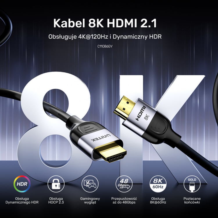 Unitek Kabel HDMI 2.1 8K 60Hz, czarny, 2m-1783238