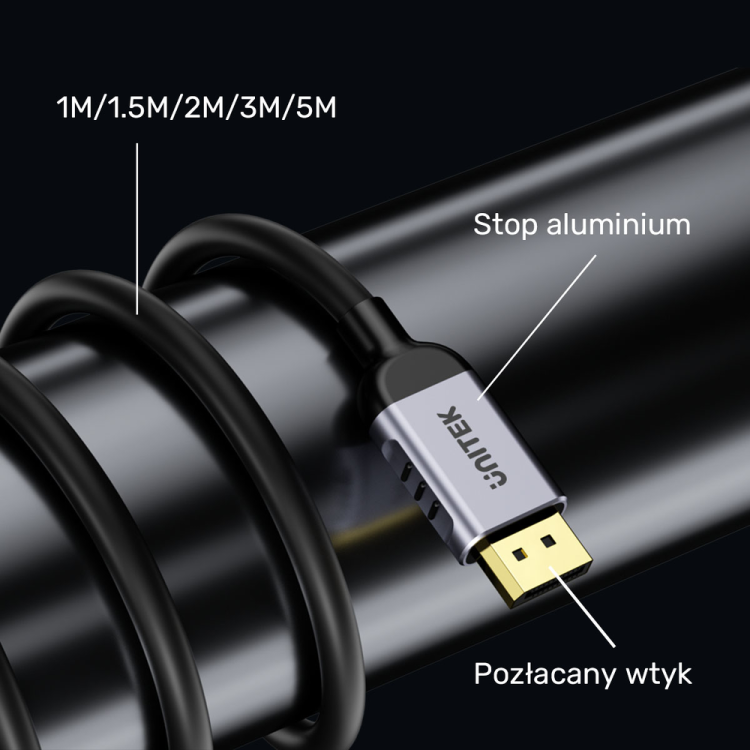 Unitek kabel DisplayPort 1.4 8k 60hz, 4k 240hz, HDR, HDCP 2.3, DSC 1.2, 5m-1782071