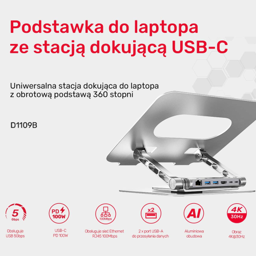 Unitek Podstawka pod laptop z odłączanym hubem USB-C HDMI 1,4, 4K PD 100W-1783362
