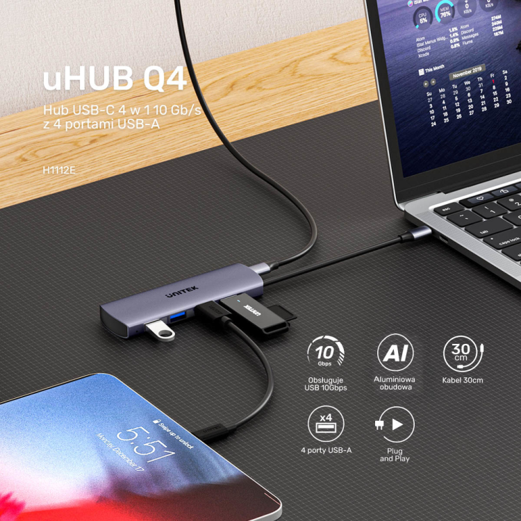 Unitek Hub 4w1 USB-C 10 Gbps, 4x USB-A H1112EGY01-1787346