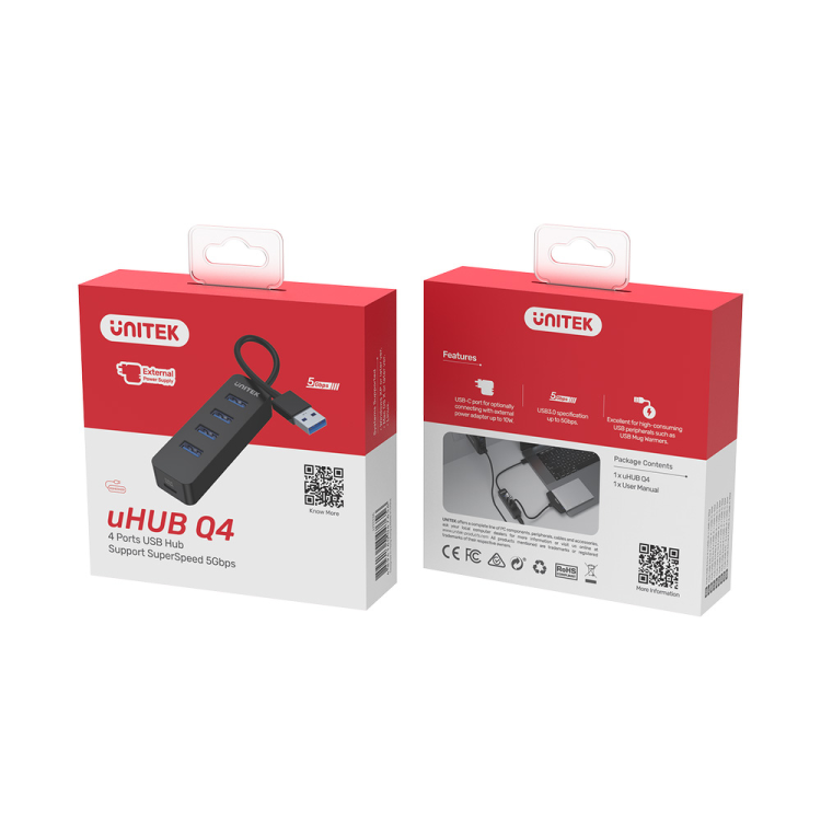 Unitek Hub USB-A, 4 porty USB 3.1, aktywny, 10 W-1278943