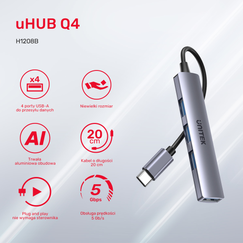 Unitek Hub USB-C 1*USB-A 5 Gbps, 3*USB-A 2.0 alu-1639582