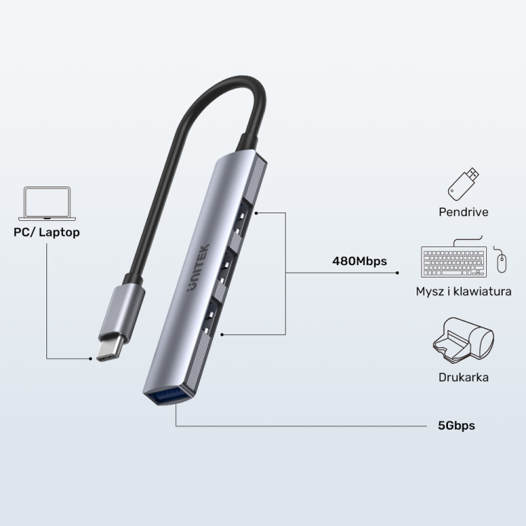 Unitek Hub USB-C 1*USB-A 5 Gbps, 3*USB-A 2.0 alu-1654649