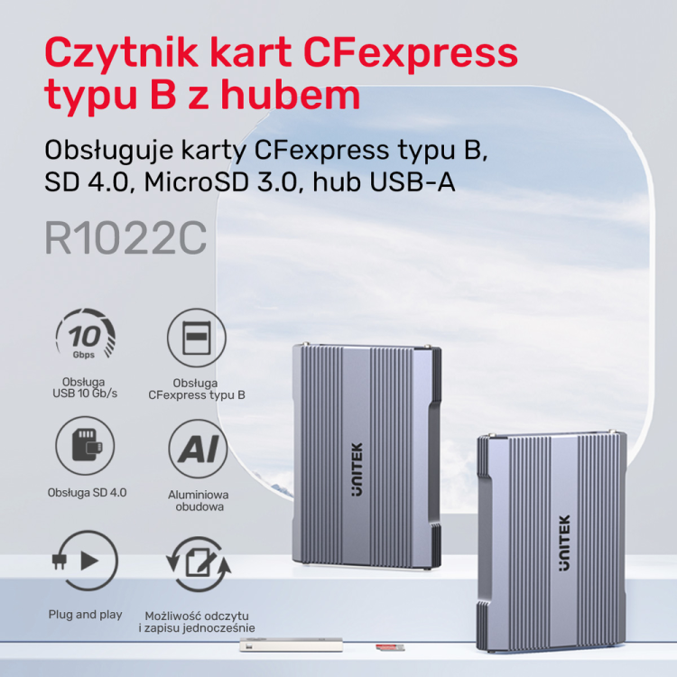Unitek Czytnik kart pamięci CF Express, SD/microSD, USBA 10 Gbs + HUB-1783296
