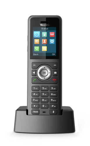 Yealink W59R – pancerna słuchawka DECT – widok z przodu z bazą.png