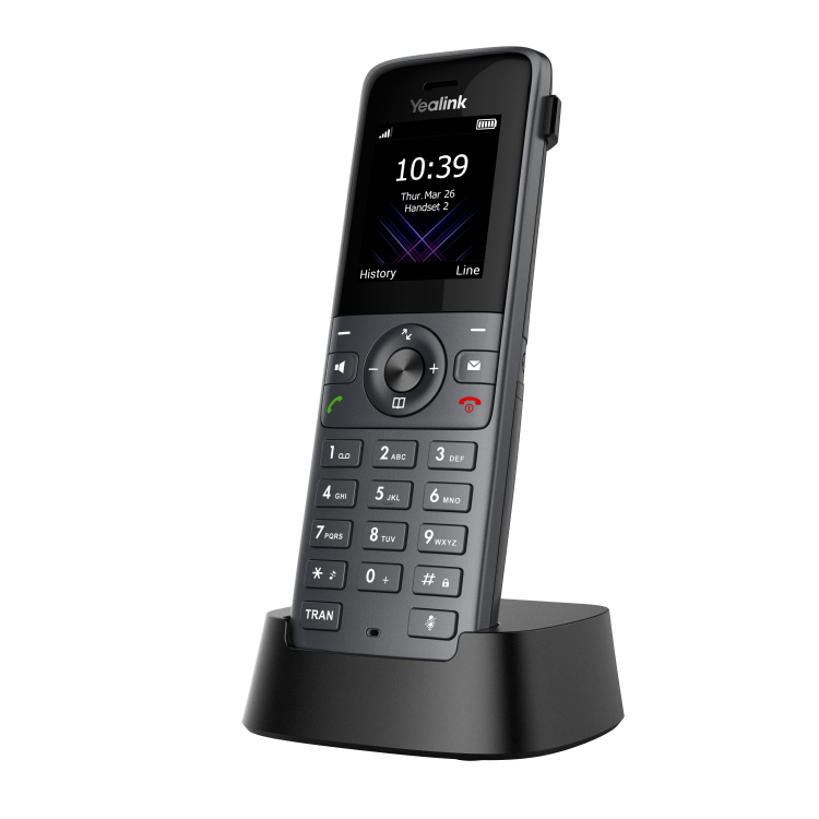 Yealink W73H – słuchawka DECT – widok pod kątem z bazą.png