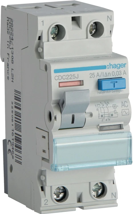 Wyłącznik różnicowoprądowy 1P+N 25A 30mA 6kA AC HAGER CDC225J-1855646