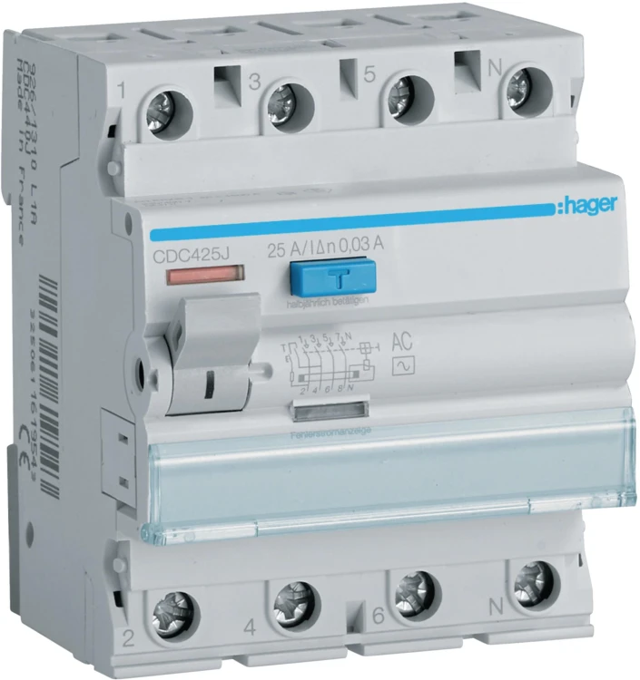 Wyłącznik różnicowoprądowy 3P+N 25A 30mA 6kA AC HAGER CDC425J-1855648