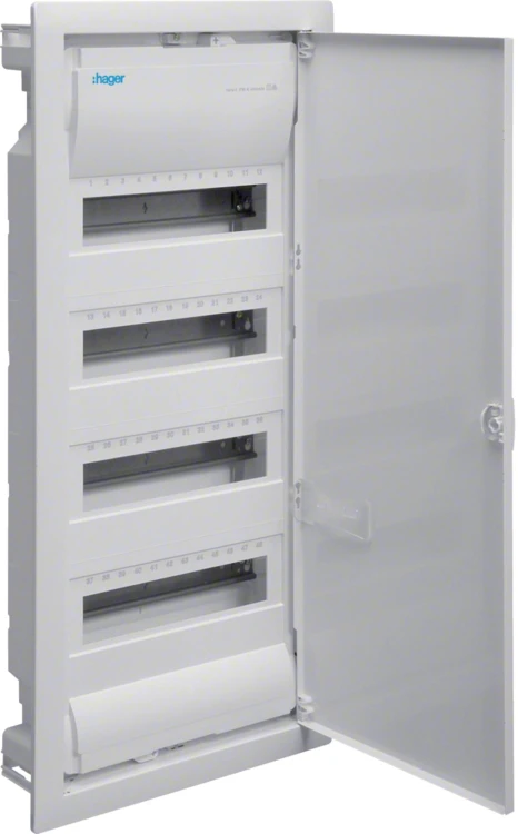 Rozdzielnica podtynkowa z drzwiami metal., 4 rzędy, 48 mod, IP30, QC, HAGER Volta VU48AT-1859680