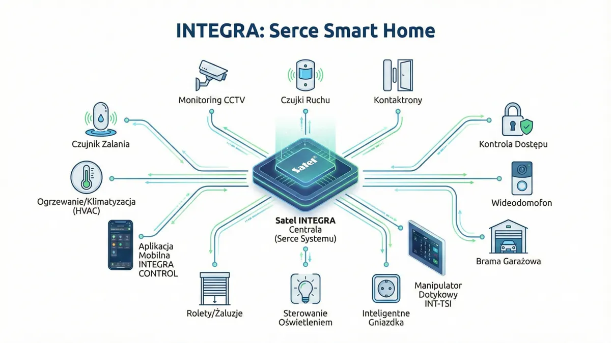 Integracja systemu Satel INTEGRA ze smart home: czujniki, CCTV, HVAC, oświetlenie, rolety, gniazdka, kontrola dostępu i wideodomofon