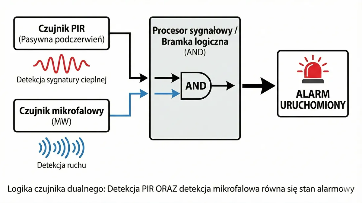 Schemat działania czujnika dualnego PIR + MW – logika AND w detekcji ruchu