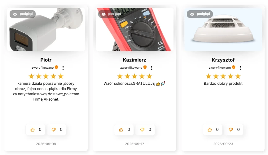 Przykładowe karty ocen produktów w TrustMate