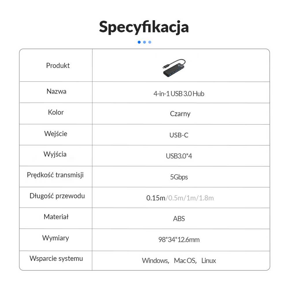 Orico Hub USB-C 4 porty USB-A 3.0 5Gbps czarny-1637630