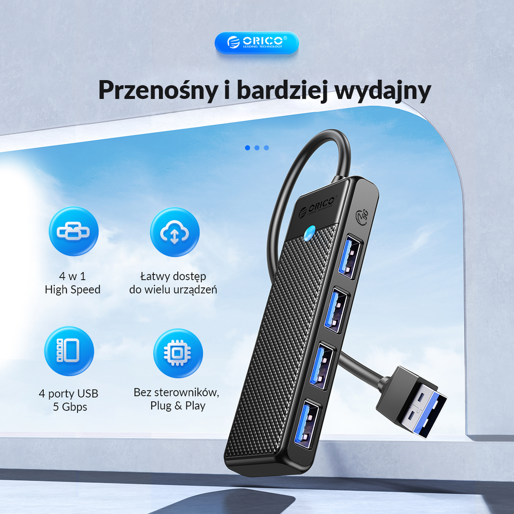 Orico Hub USB-A 4 porty USB-A 3.0 5Gbps czarny-1637618