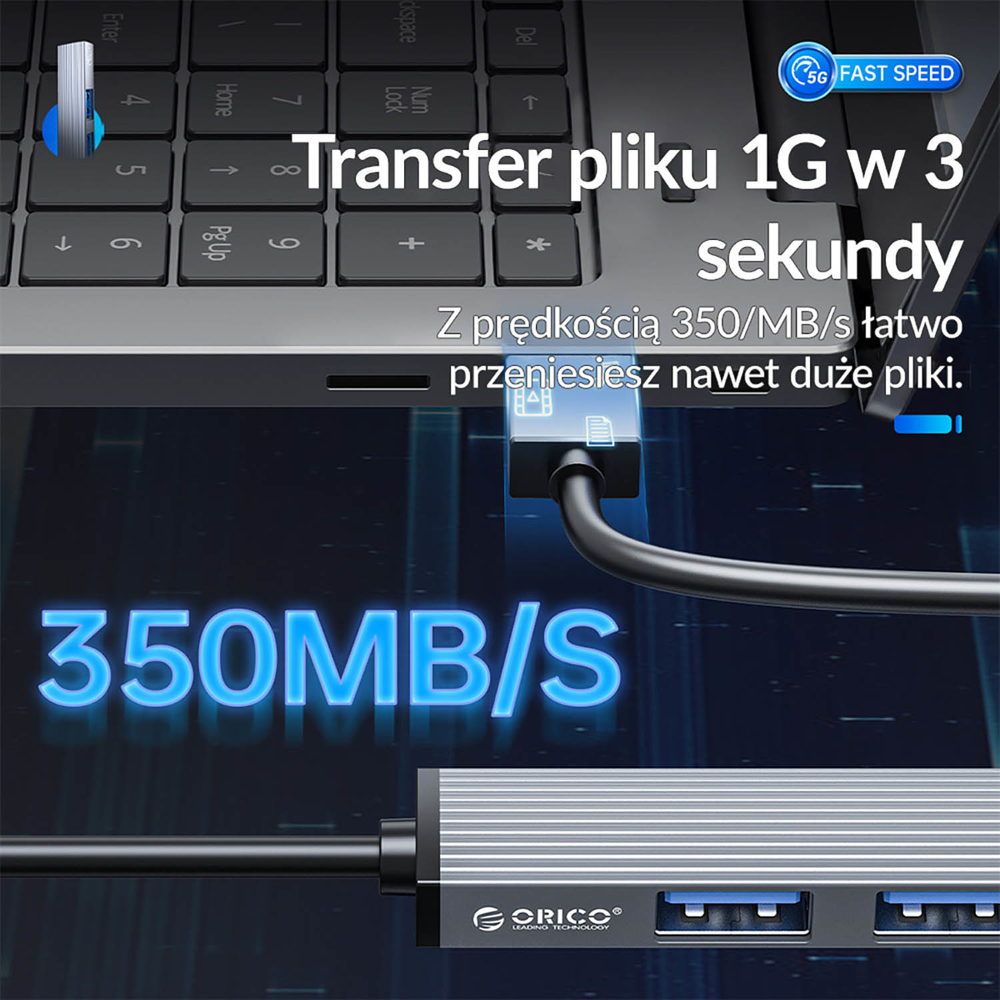 Orico Hub USB 5Gbps 1*USB-A 3.1, 3*USB-A 2.0, aluminiowy-1782174