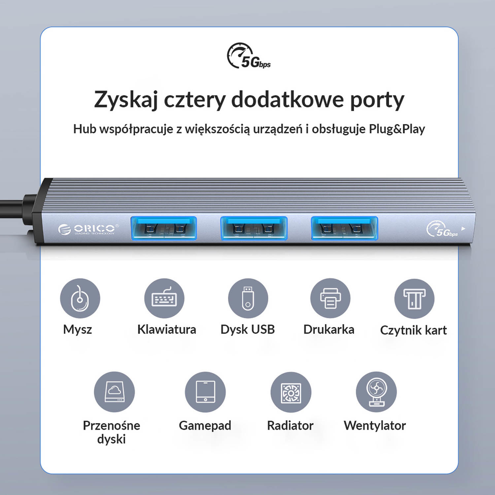 Orico Hub USB 5Gbps 1*USB-A 3.1, 3*USB-A 2.0, aluminiowy-1782168