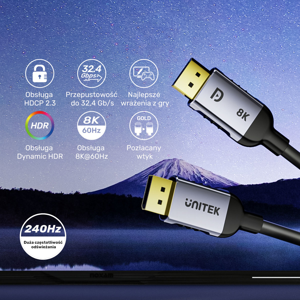 Unitek kabel DisplayPort 1.4 8k 60hz, 4k 240hz, HDR, HDCP 2.3, DSC 1.2, 5m-1782066