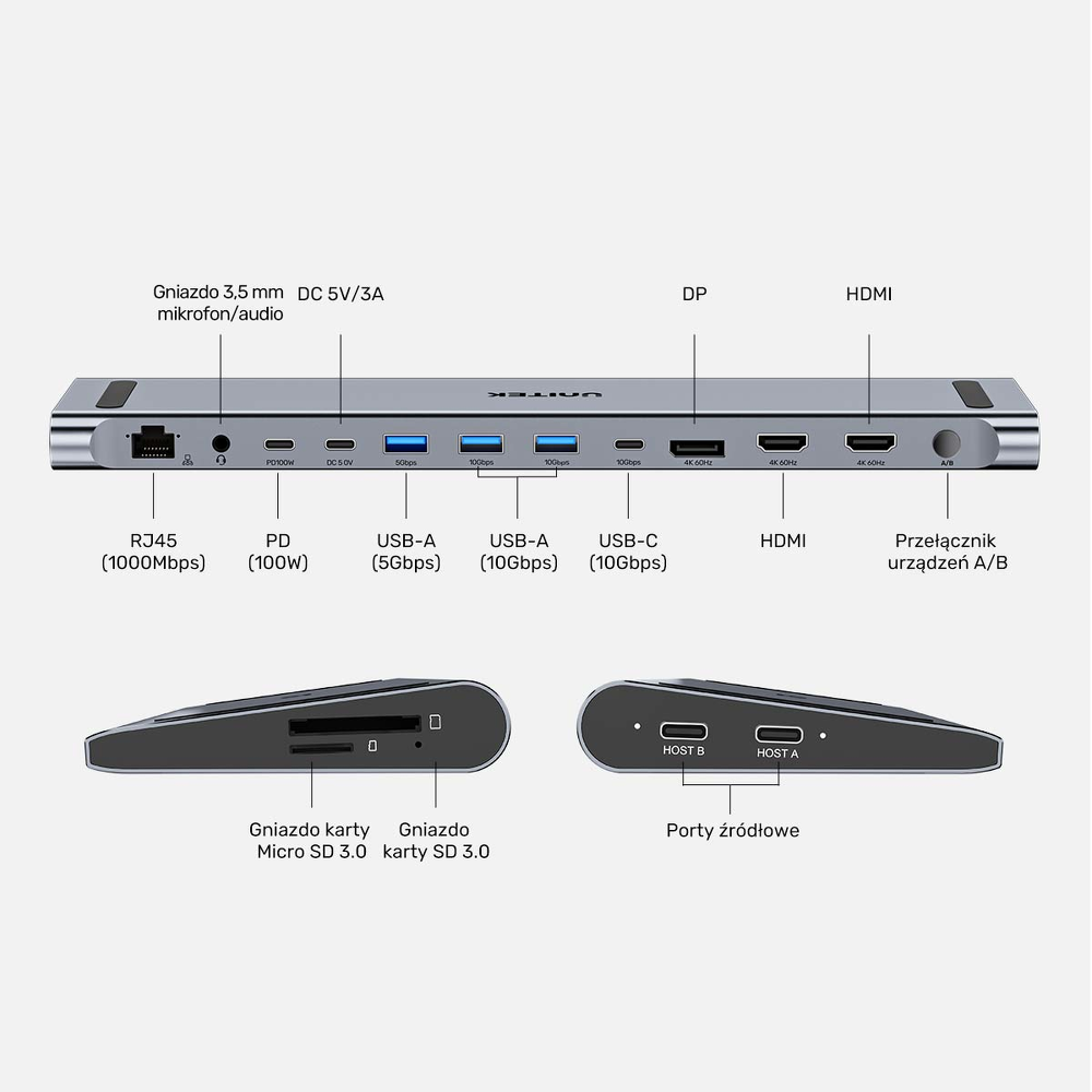 Unitek Stacja dokująca KVM z funkcją podstawki, potrójne wyjście 4K, USB-C, MST, HDMI 2.0-1808382