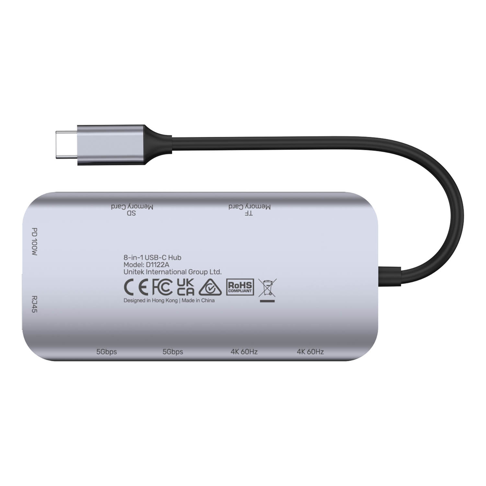 Unitek Aktywny hub USB-C 5Gbps, 2x HDMI 4K, czytnik kart, RJ-45, PD 100W-1781531