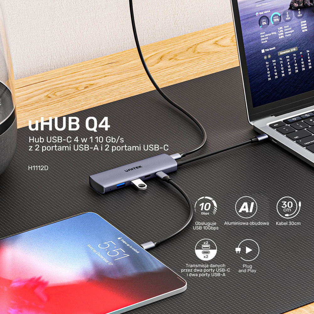 Unitek Hub 4w1 USB-C 10 Gbps, 2x USB-A i 2x USB-C H1112DGY01-1785972
