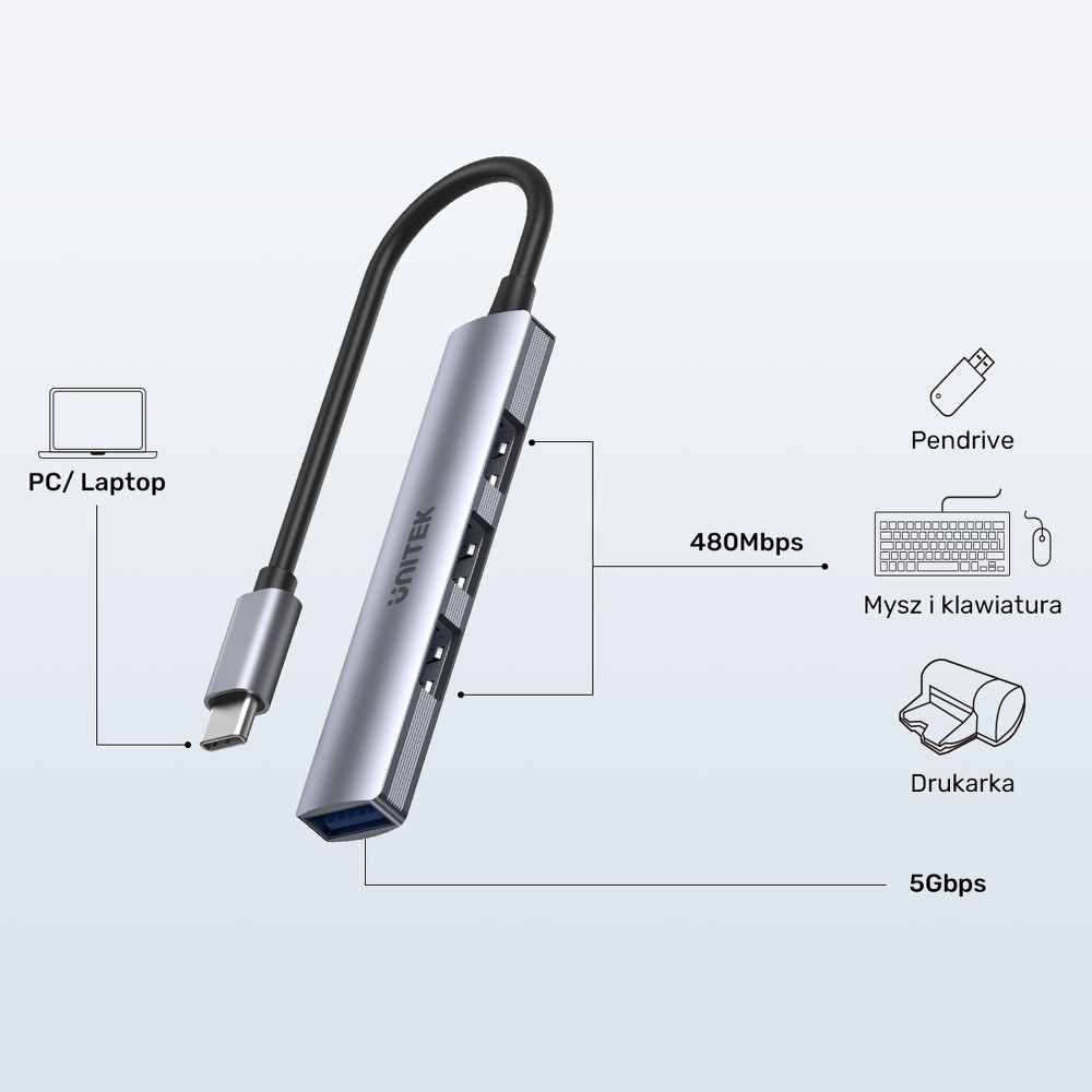 Unitek Hub USB-C 1*USB-A 5 Gbps, 3*USB-A 2.0 alu-1654649