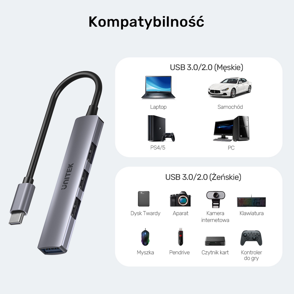 Unitek Hub USB-C 1*USB-A 5 Gbps, 3*USB-A 2.0 alu-1639586