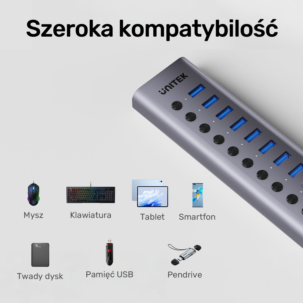 Unitek Hub USB C/USB A 10w1 5Gbps, 8x USB A, 2x USB C z włącznikami portów-1783376
