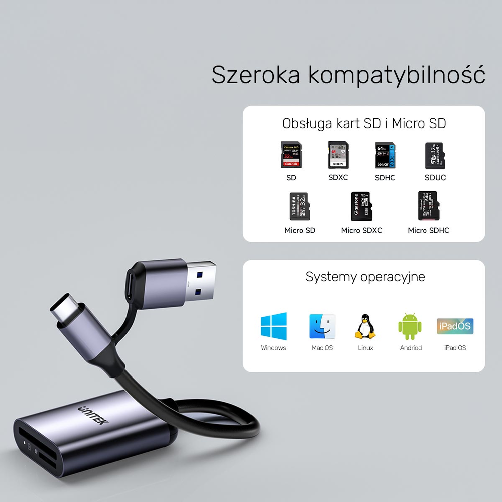 Unitek Czytnik kart pamięci SD4.0 /Micro SD4.0, 2w1-1784439