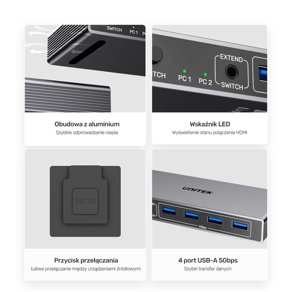 Unitek Przełącznik KVM 8K@60Hz USB 3.0 5Gbps DP-1785775
