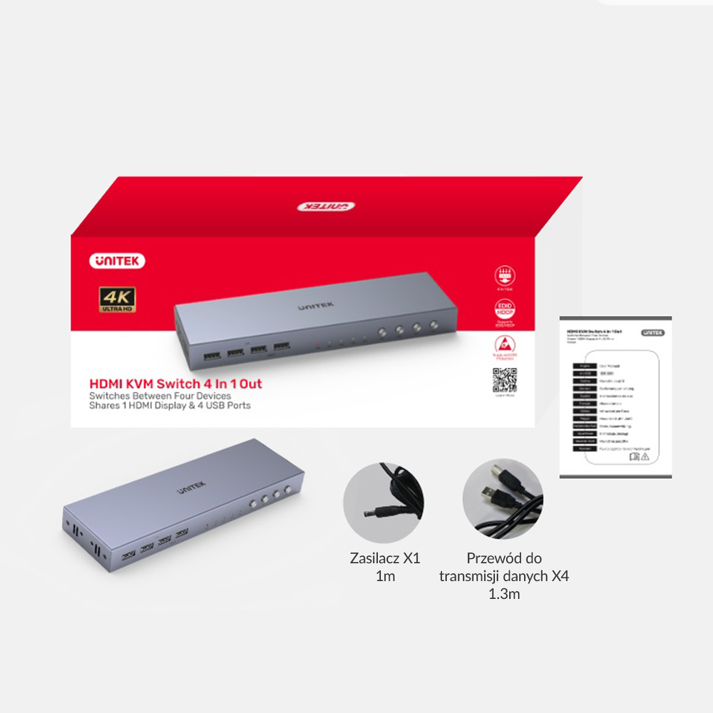 Unitek Przełącznik KVM 4K HDMI 2.0 4-in 1-out +USB-1450721