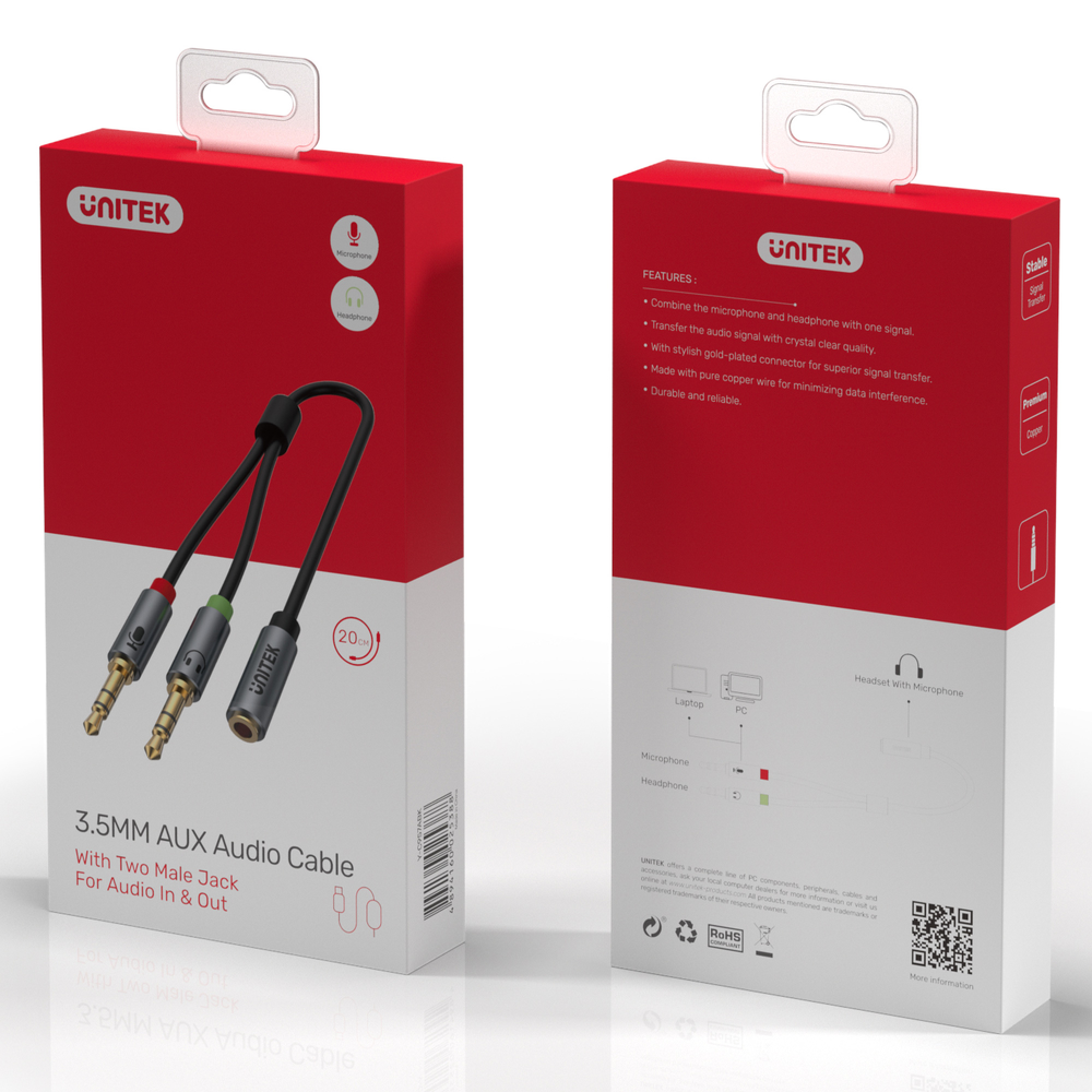 Unitek przewod miniJack 3,5mm (F) - 2x 3,5mm (M)-1654079