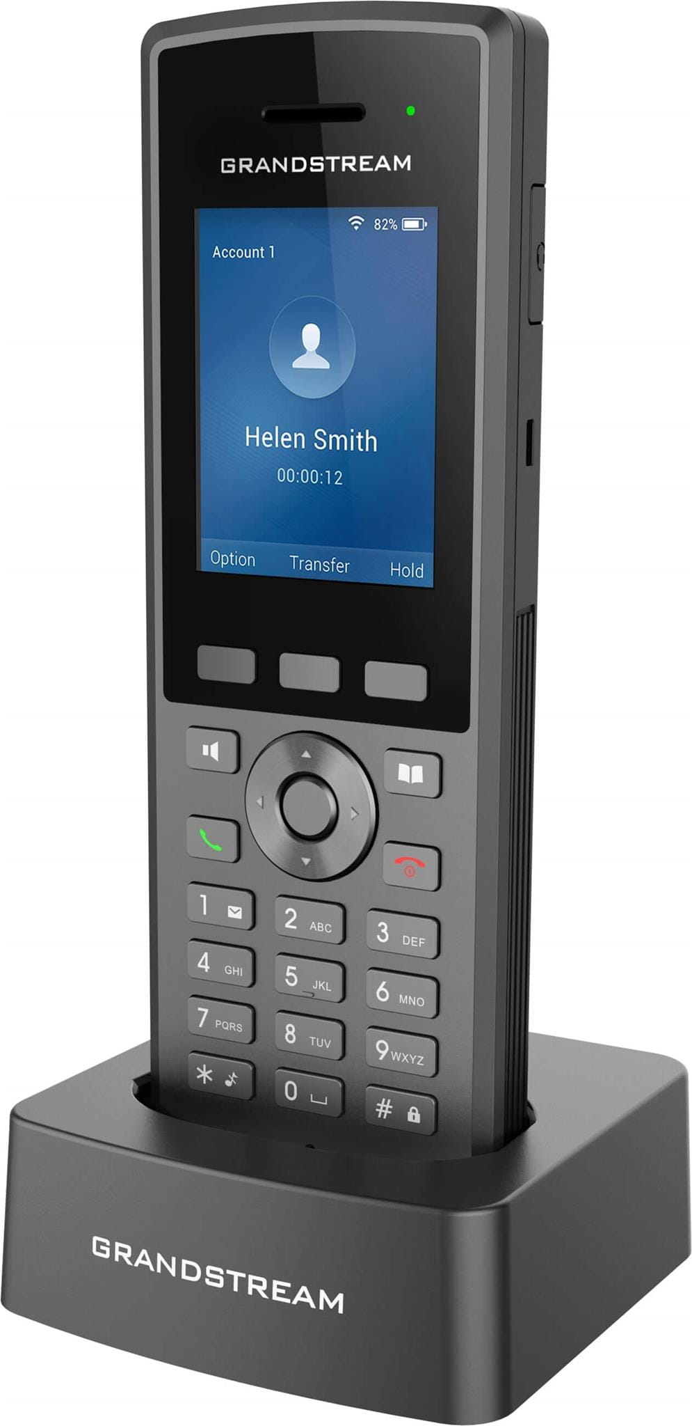 Grandstream WP825 – telefon WiFi VoIP – widok pod kątem z ładowarką.jpg