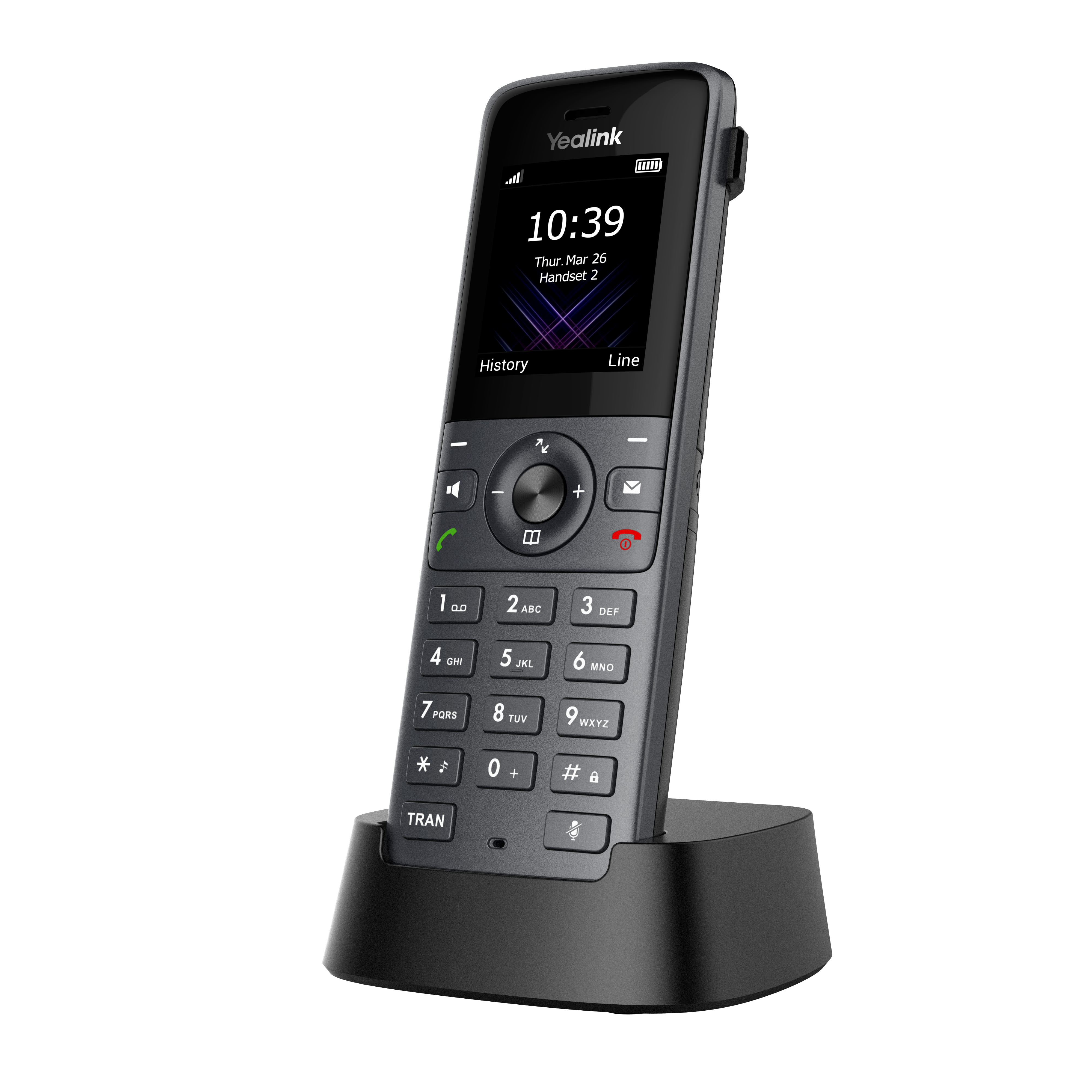 Yealink W73H – słuchawka DECT – widok pod kątem z bazą.png