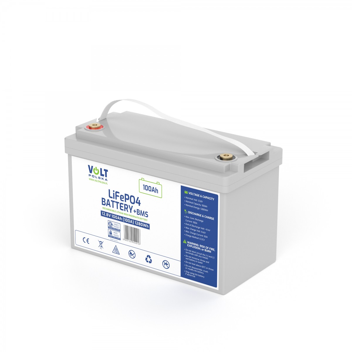 VOLT Polska LiFePO4 12,8V 100Ah (100A) – akumulator z BMS – widok pod kątem.jpg