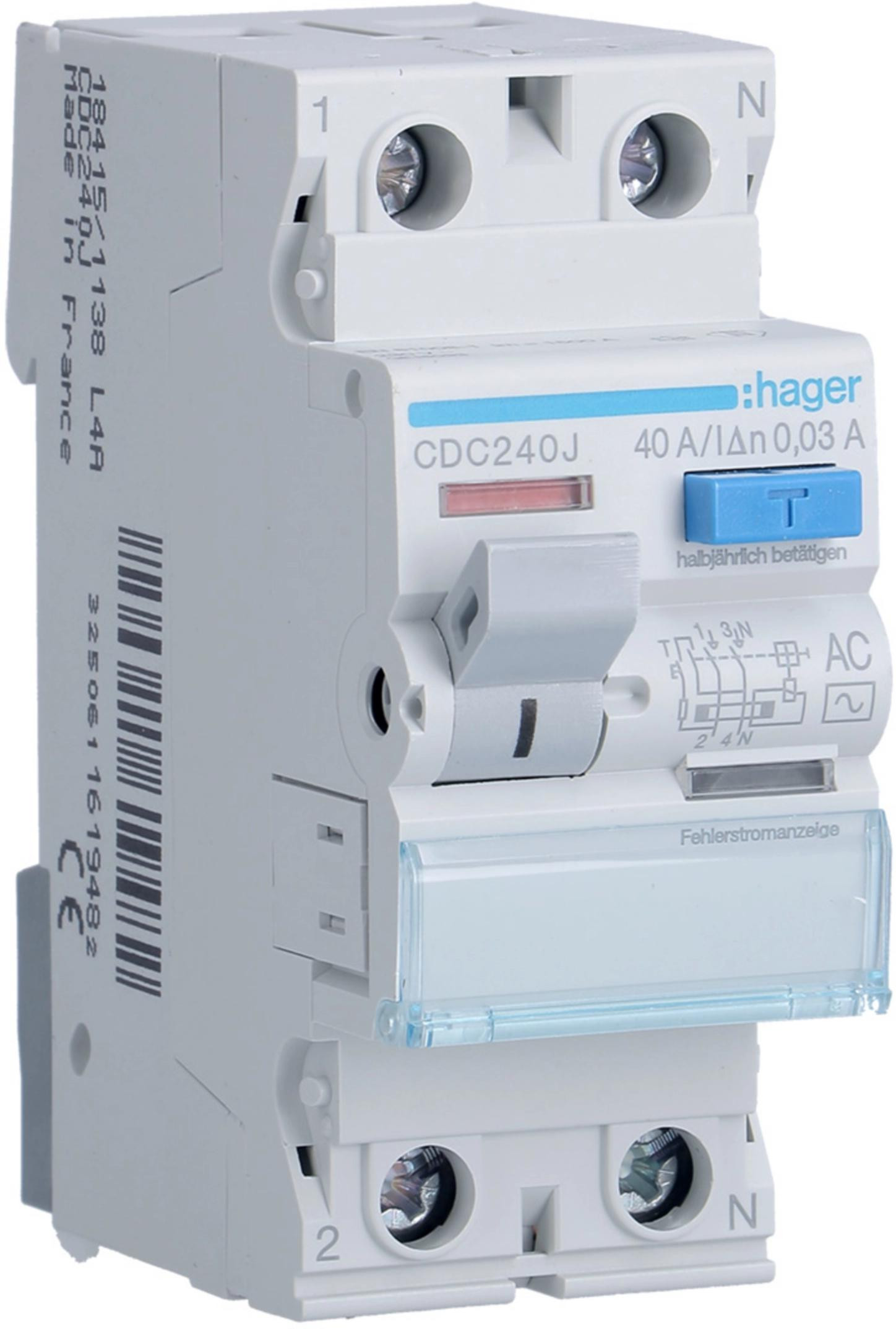 Wyłącznik różnicowoprądowy 1P+N 40A 30mA 6kA AC HAGER CDC240J-1920176