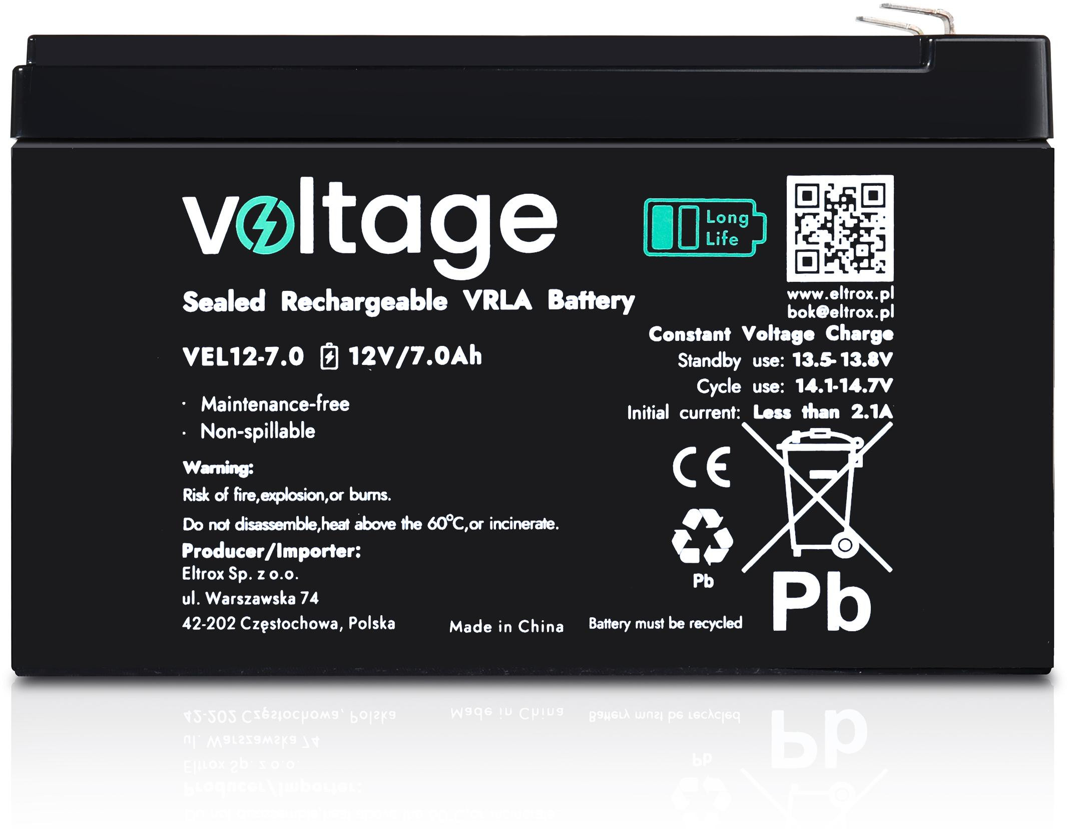 Akumulator AGM Voltage Long Life 12V 7Ah VEL12-7.0 (Żywotność 15 lat)-1943598