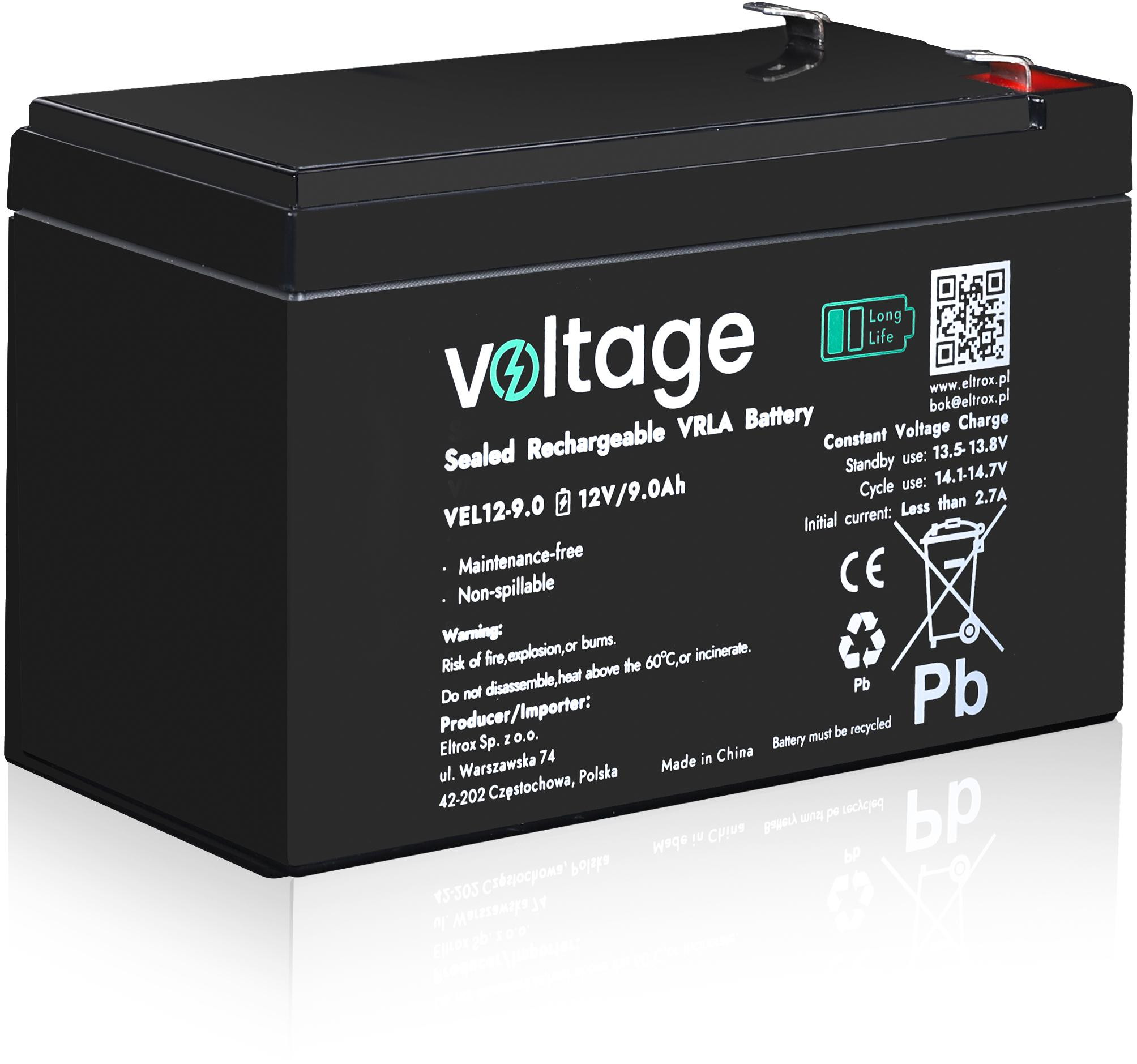 Akumulator AGM Voltage Long Life 12V 9Ah VEL12-9.0 (Żywotność 15 lat)-1943599