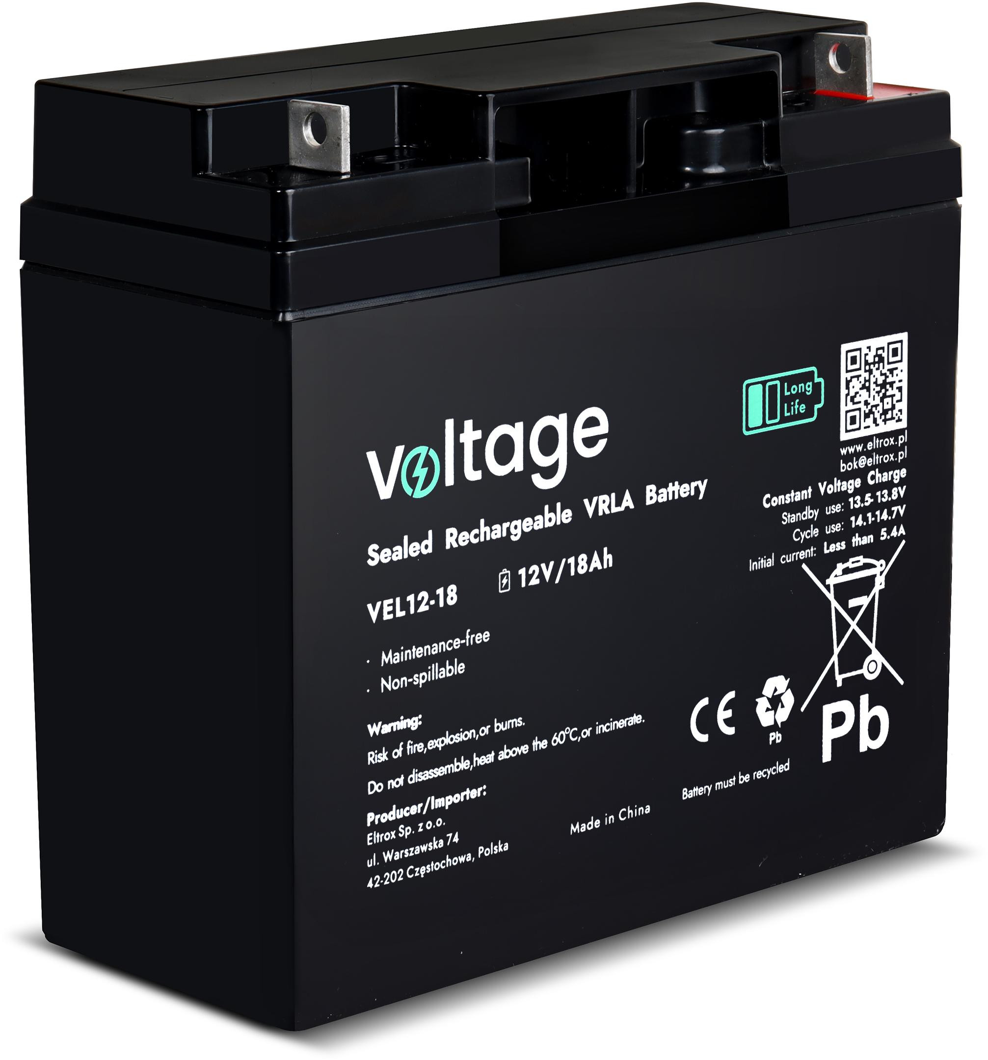 Akumulator AGM Voltage Long Life 12V 18Ah VEL12-18 (Żywotność 15 lat)-1943602