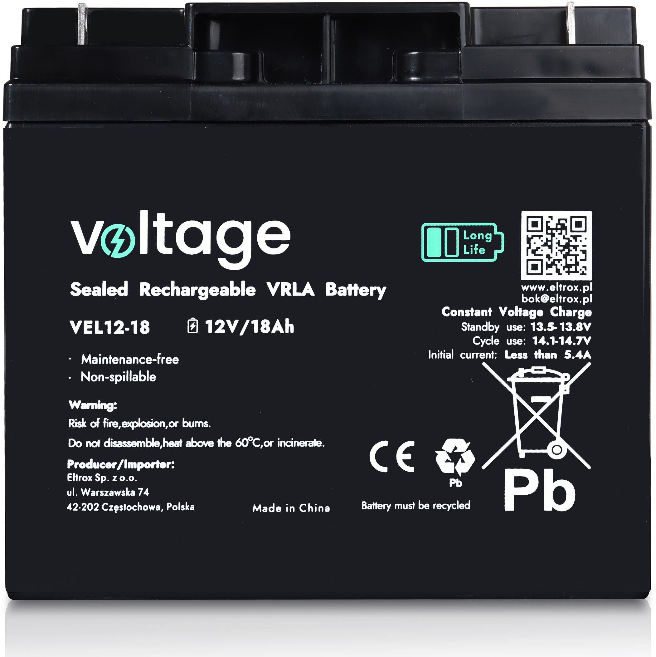 Akumulator AGM Voltage Long Life 12V 18Ah VEL12-18 (Żywotność 15 lat)-1943604