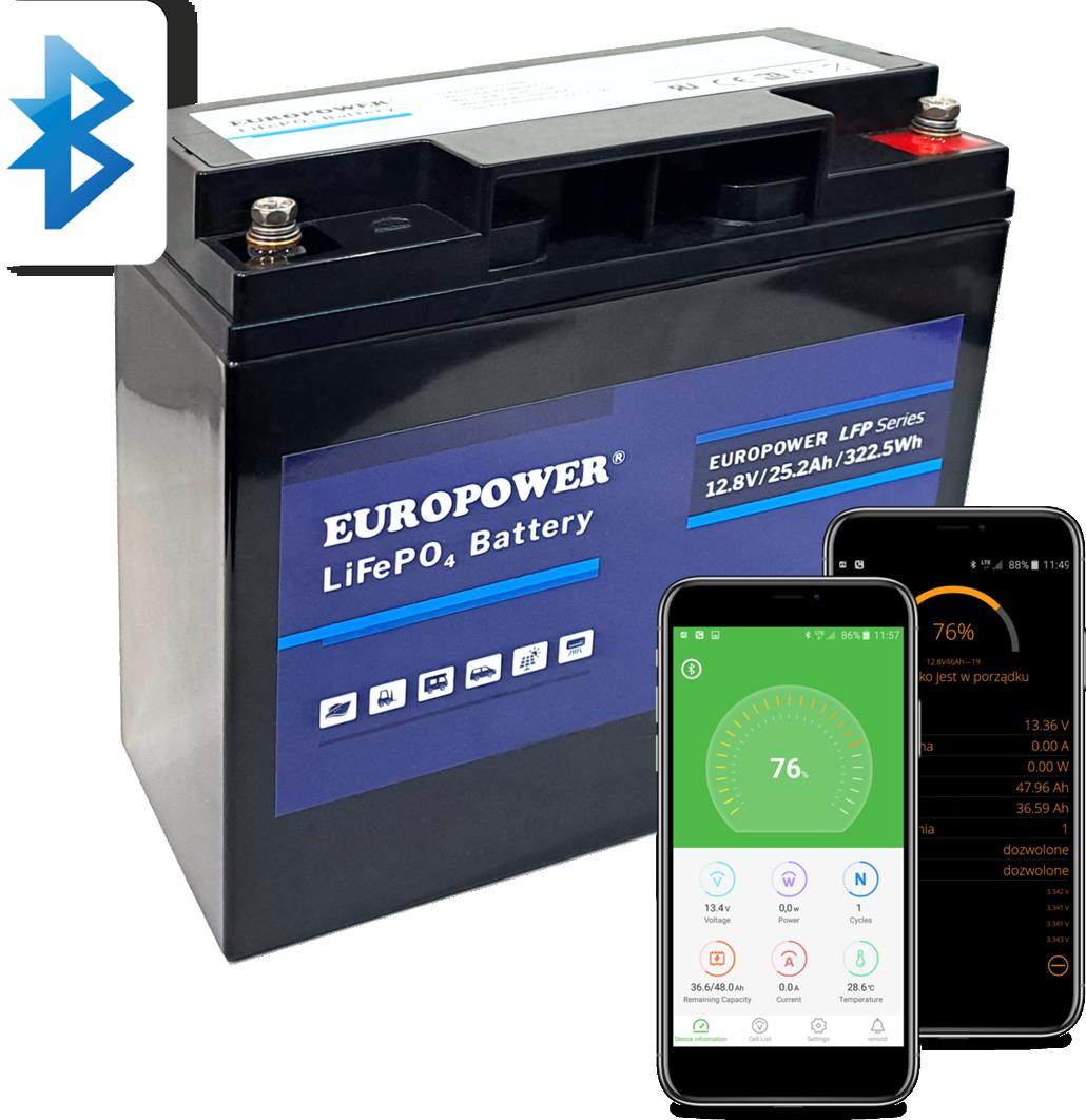Akumulator LiFePO4 EUROPOWER serii LFP 12,8V 25,2Ah Bluetooth (Żywotność ~2000 cykli)-1920284