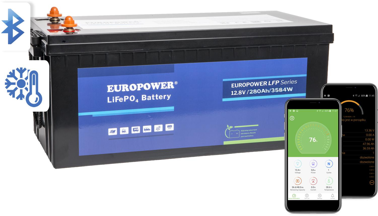 Akumulator LiFePO4 EUROPOWER serii LFP 12,8V 280Ah Bluetooth, mata grzewcza (Żywotność ~4000 cykli)-1920285