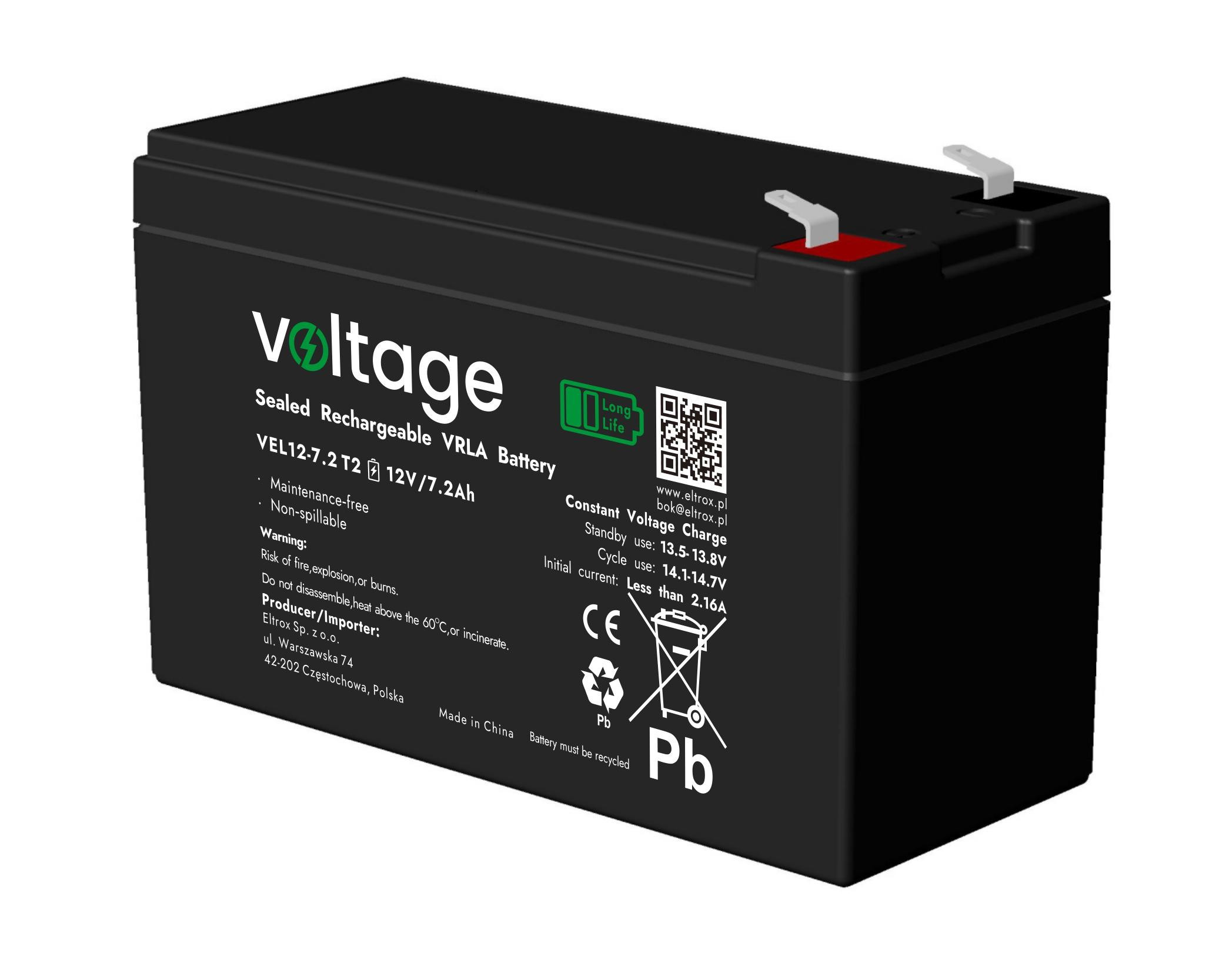 Akumulator AGM Voltage Long Life 12V 7,2Ah VEL12-7.2 T2 (Żywotność 15 lat)-1932330